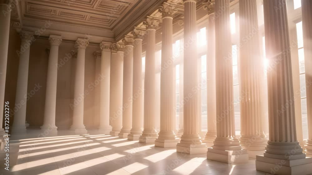Aufkleber sunlight shining through columns in a room, creating dramatic shadows and highlights, experiment wit