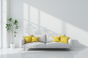 Modern White Sofa with Vibrant Yellow Cushions. Generative AI.