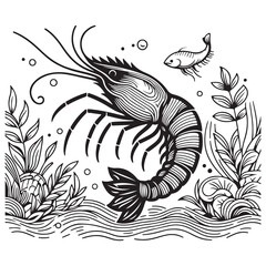 New shrimp fish silhouette vector and logo style with white background and coloring book 