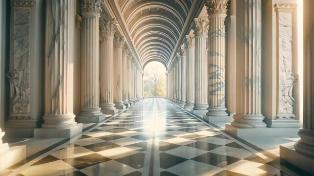 A hallway lined with sturdy columns and pillars, Experiment with different textures and patterns to depict the process of recycling