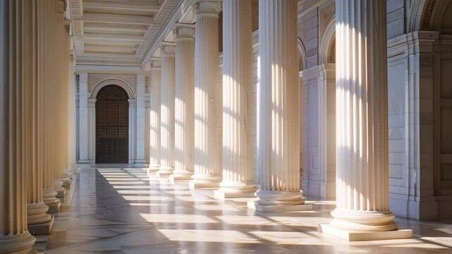 Illuminated Hallway With Columns, Experiment with light and shadow to emphasize the classical forms and proportions of neoclassical architecture