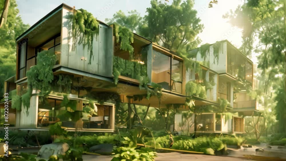 Poster a container house stands surrounded by lush jungle foliage in a secluded setting, experiment with mo