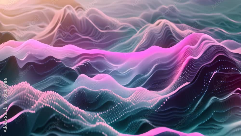 Poster an abstract composition featuring waves of blue and pink colors in a dynamic pattern, experiment wit