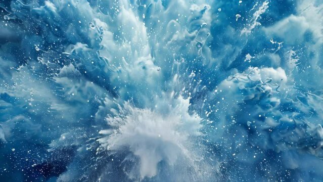 Close-up view of a dynamic splash of blue water creating beautiful ripples and patterns, Experiment with textures and patterns to convey the raw power and intensity of a blue explosion