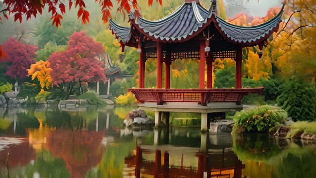 A Chinese pagoda stands surrounded by a tranquil pond, Explore the balance of nature and man-made structures in Chinese gardens