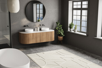 Modern bathroom design with a large mirror and two sinks. The mirror is surrounded by a wooden...