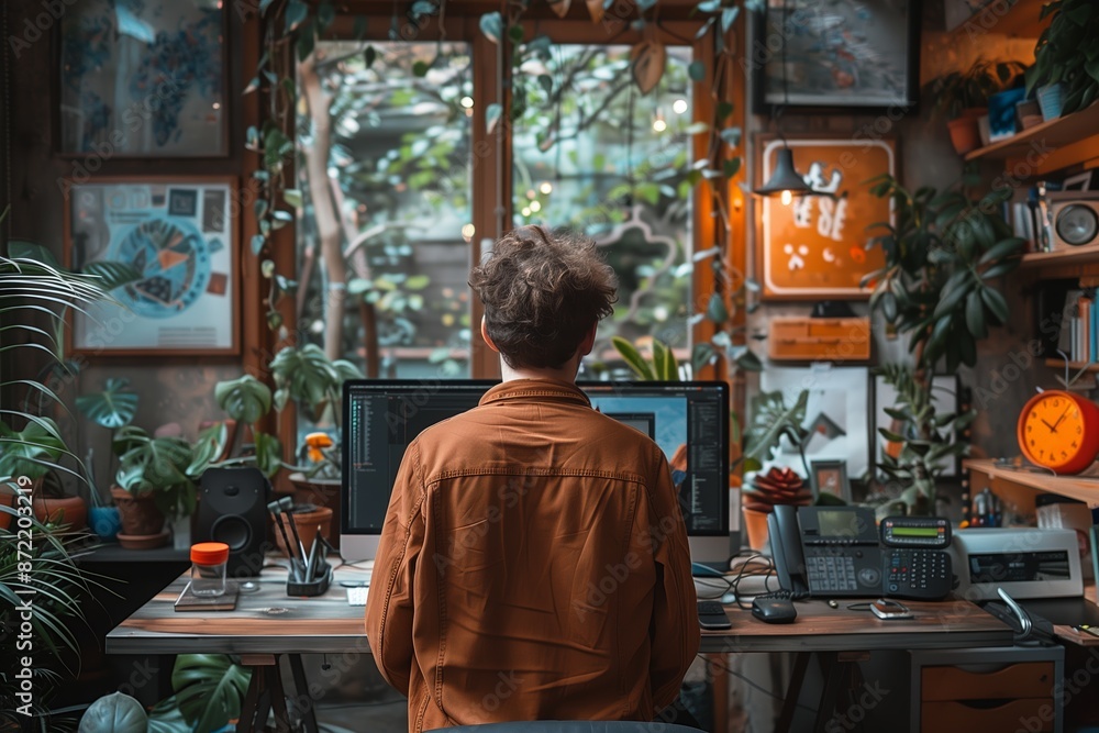 Poster man working on computer in a home office with plants and artwork