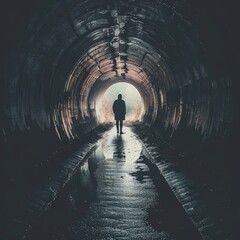 Silhouette of a Person Standing in a Dark Tunnel with Light at the End