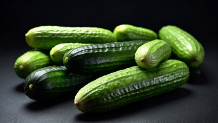 Green cucumbers neatly arranged on a dark matte surface, the cucumbers have a pronounced peel texture and natural green color, which emphasizes their freshness and natural origin