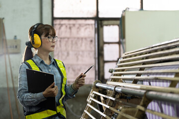 Professional engineer women, worker, mechanical, maintenance, engineering women training. Engineer woman worker work design program machine in Textile factory. industry.