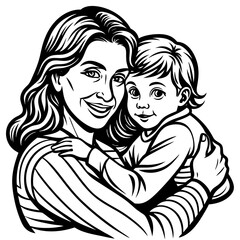 line art vector a happy mother embracing her child