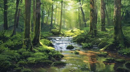 Serene Forest Landscape with Sunlit Canopy and Mossy Stream