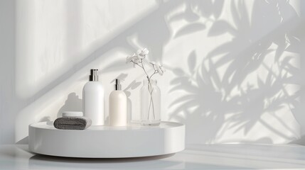 A white bathroom tray with three bottles, a flower vase, and a small container. The bottles are filled with liquid and have white lids. 