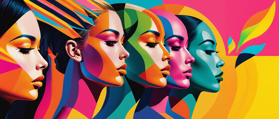 Colorful abstract painting of women's faces. Swirling colors and shapes. Fashion. Glamour. Art. Illustration.