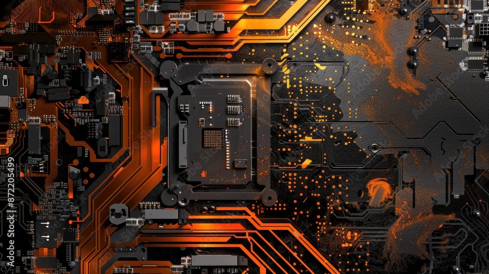 Poster the image shows a close-up of a computer circuit board. the board is made of black and orange compon