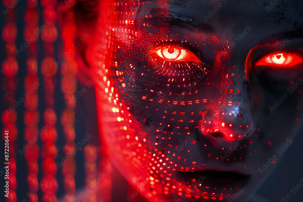 Poster genderless person face, red glowing abstract digital background. evil artificial intelligence threat
