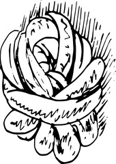 Drawing of pastry products, desserts. Food menu design template. Hand drawn sketch vector illustration. The brioche
