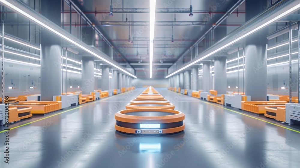 Poster a futuristic warehouse with a long line of automated conveyors transporting packages. the clean, bri