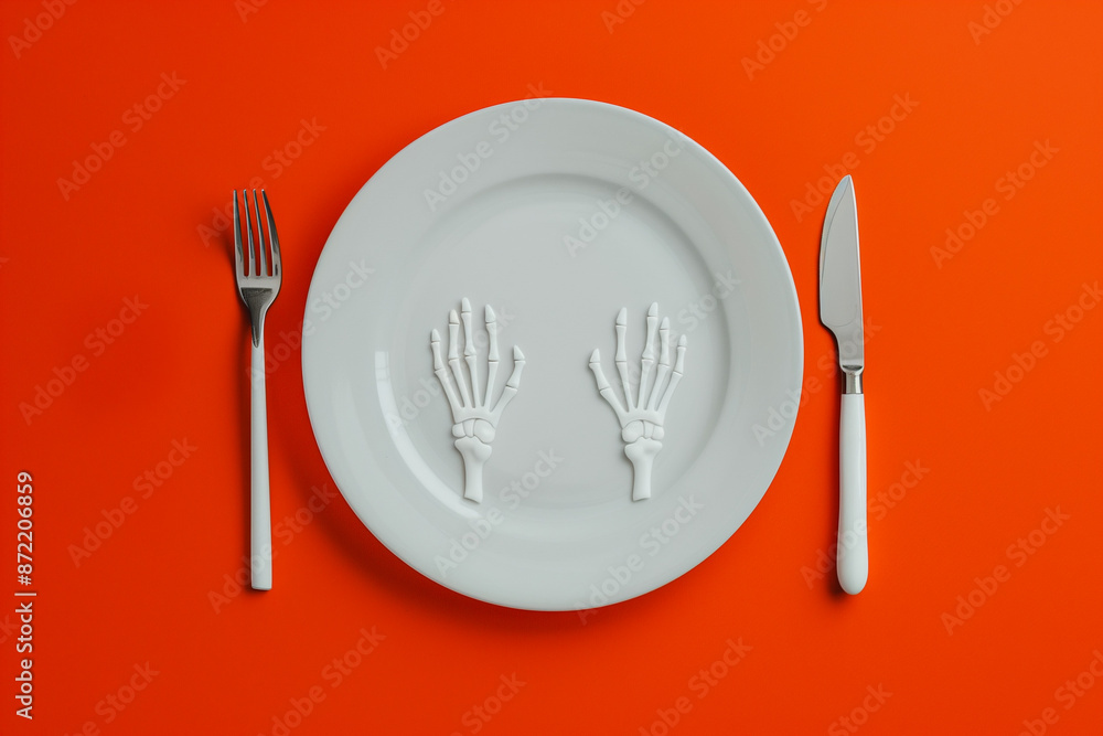 Poster a chilling halloween table setting with skeletal hands, isolated on a gradient background