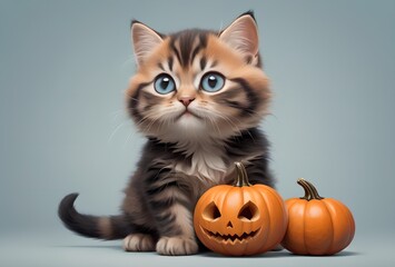 Halloween card, many pumpkins and a beautiful cat