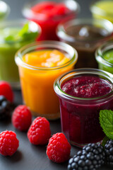 A close-up of a variety of fresh, vibrant fruit purees neatly displayed in small glass jars, ready for babies to enjoy 