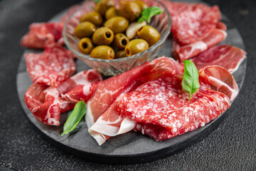 appetizer plate salami, prosciutto, sausage, coppa meat plate food fresh appetizer meal food snack on the table copy space food background rustic top view