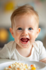 A close-up shot capturing a babys delight as they explore a variety of finger foods with messy enthusiasm 