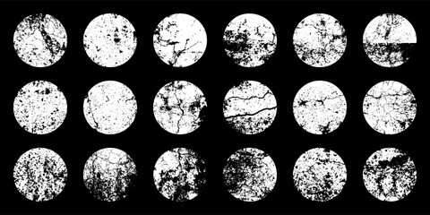 Grunge circles with stains and scratches. Circle brush stroke, round shape design element. Distressed dirty text frame, border, sticker or label. Paintbrush, ink stains. Vector illustration