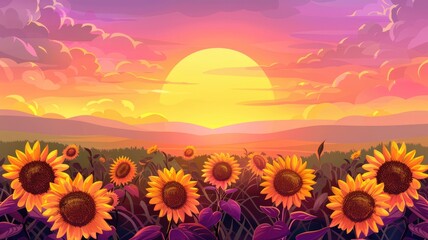 Fototapeta premium Vibrant sunset over a sunflower field in August.