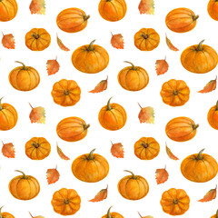 Seamless pattern watercolor of orange pumpkins and leaves on a white background. Autumn design for Thanksgiving, harvest, autumn farmer's fair, textiles, banners, wallpaper, packaging design, cover.