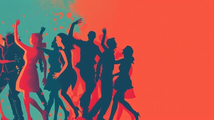Young people dancing at a vibrant party, surrounded by colorful abstract art.