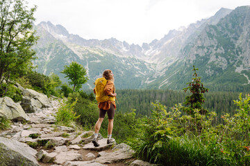 Active woman tourist with backpack enjoys the beautiful scenery of the majestic mountains. Travel, adventure. Concept of an active lifestyle.