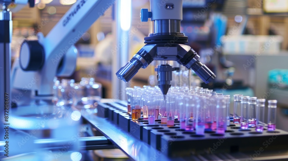 Poster A robotic arm fills test tubes with colored liquids in a laboratory setting. The arm is equipped with a microscope-like device, suggesting precision and automation in the process.