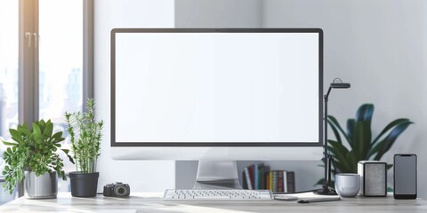 A computer monitor sits on a desk with a potted plant and a bookcase