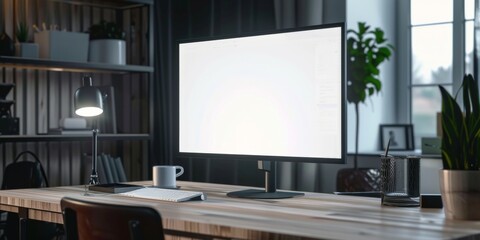 A computer monitor sits on a desk in a room with a potted plant and a cup