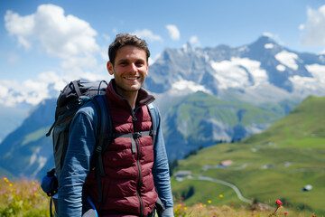 Naklejka premium A smiling hiker in a maroon vest and blue jeans enjoying a serene summer mountain landscape 