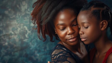 A black mother and daughter lovingly embrace, eyes closed in a moment of intimacy. The mothers locs rest on the daughters head, skin tones glowing in the soft light