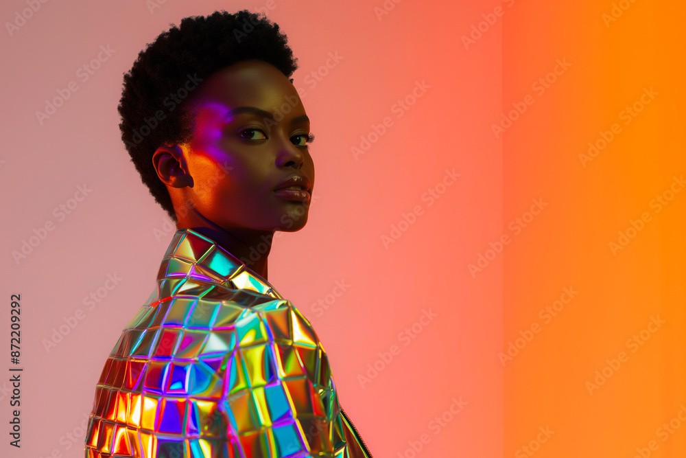 Poster androgynous model in reflective geometric attire, isolated on a neon gradient background