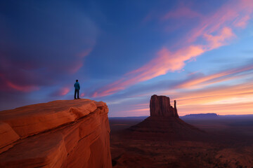 Naklejka premium Awe-inspiring rainbow clouds cascading over majestic desert landscapes, painting the sky with a surreal burst of colors 