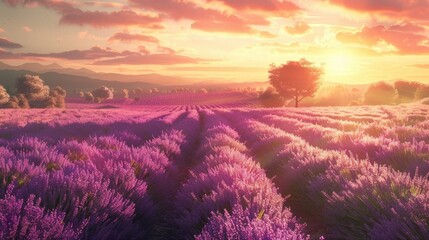 Serene Lavender Fields at Golden Hour Picturesque Countryside Landscape with Impressionistic Painterly Style