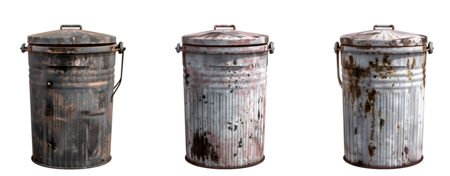 Set of 3 Old Metal Trash Cans Isolate don a Transparent Background