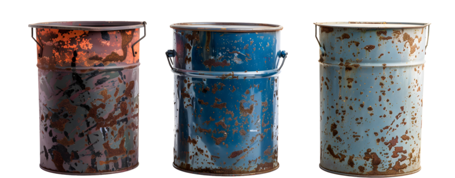 Set of 3 Old Metal Trash Cans Isolate don a Transparent Background