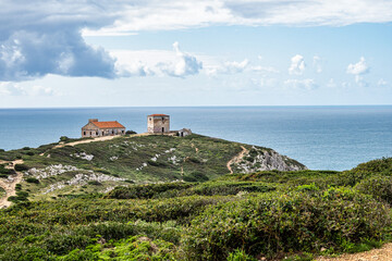 Abandoned building at Cabo Espichel headland In Setubal District, Portugal. Former observation...