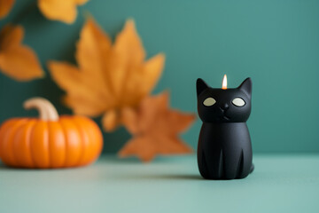 Charming Halloween centerpiece with black cat candle, isolated on a gradient background 