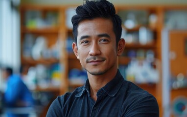 Fototapeta premium A Southeast Asian man, wearing a black shirt, stands in a laboratory setting with shelves of equipment behind him. He looks directly at the camera with a confident smile