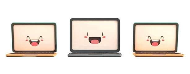 Set of 3 Emoji Face Laptops Isolated on a Transparent Background