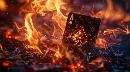 A single Ace of Spades playing card sits engulfed in flames, with glowing embers surrounding it
