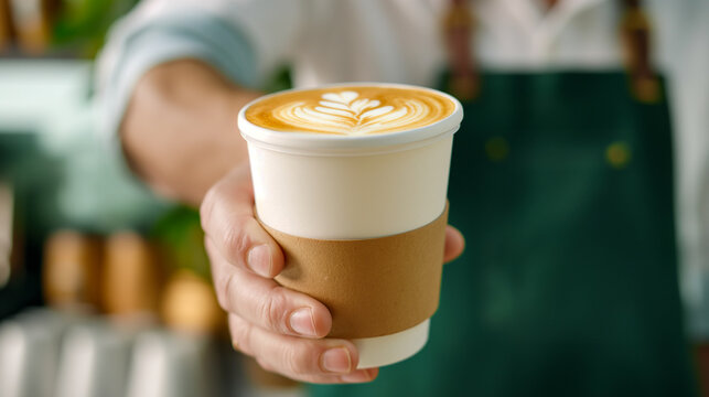 Closeup of a barista serving a plant-based latte in biodegradable cup, emphasizing green retail practices and eco-conscious consumption 