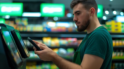 Closeup of a shopper paying with a digital wallet in green retail store, illustrating eco-friendly payment options 