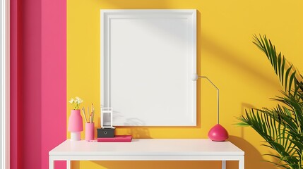 Minimalistic 3D office mockup with a white desk, vibrant pink accents, and a blank white frame on a bold yellow wall.